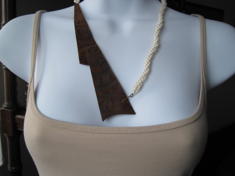 Recycled Brown Leather and Pearl "V" Necklace