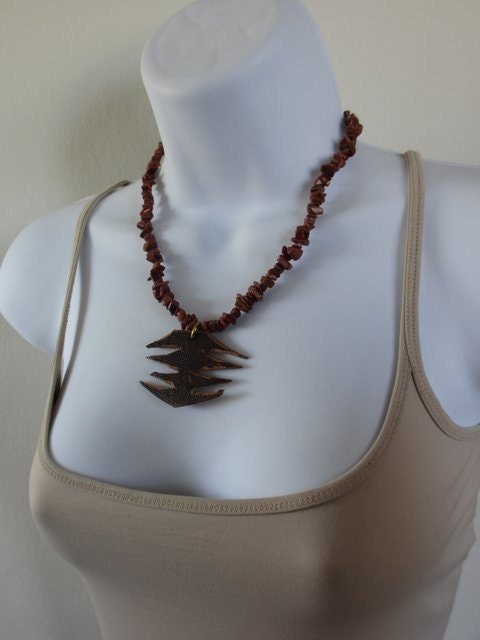 Brown Recycled Leather and Copper Colored Stone Necklace