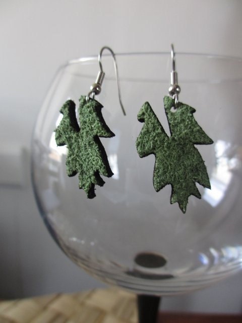 Recycled Leather Light Green Leaf Earrings