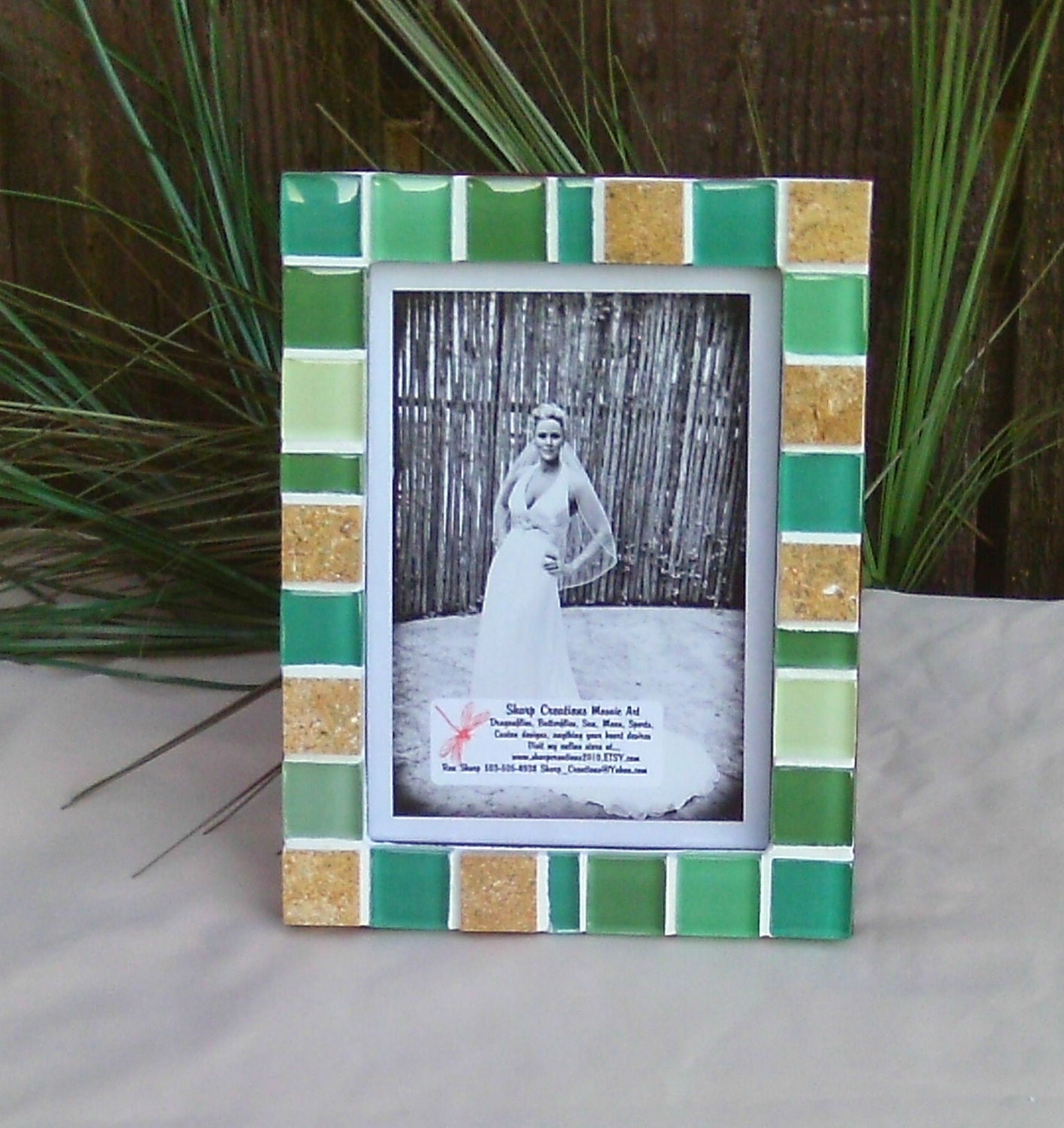greens and natural stone tile picture frame.... holds a 5"x7" photo