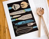 linocut reduction print, Slow Food, for the cook, and the kitchen, utensils and a lovely blue snail
