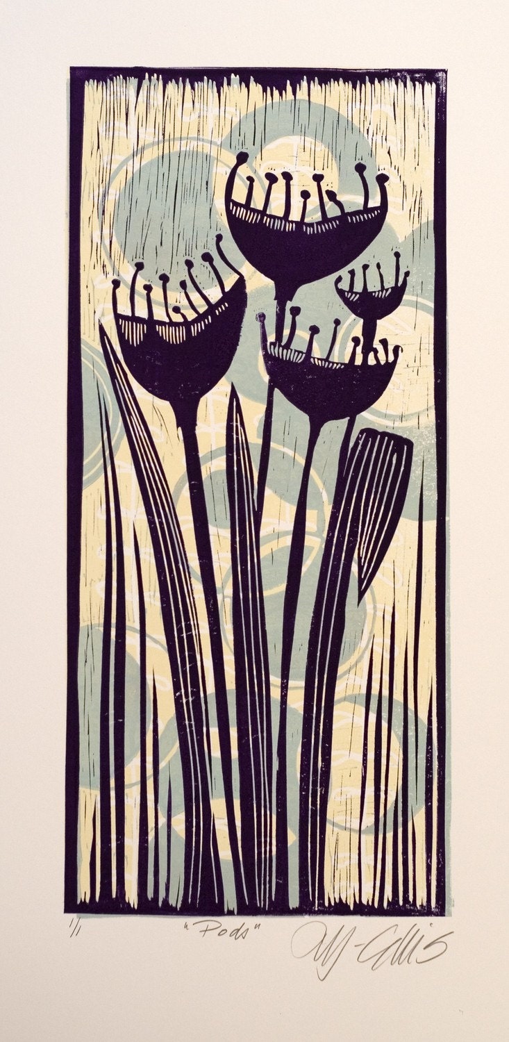 Pods a colour linocut by Mariann Johansen-Ellis