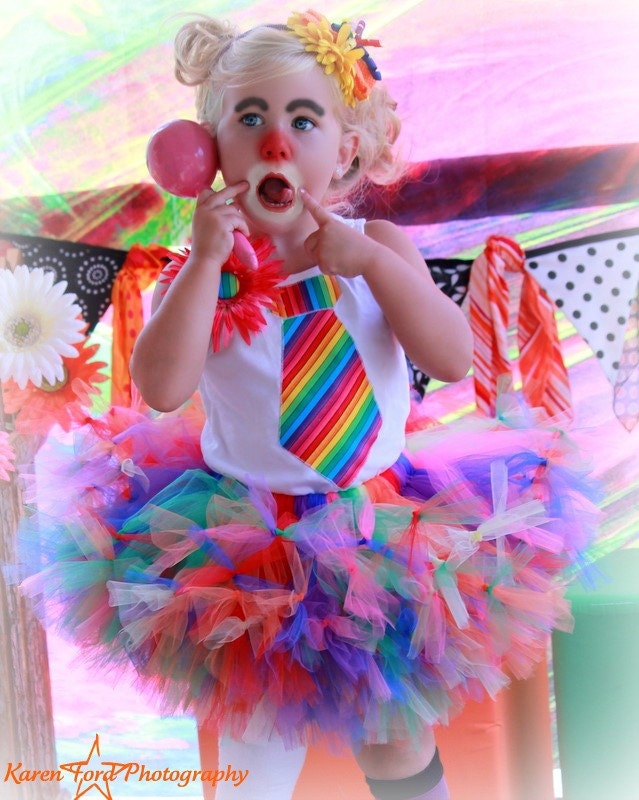 Clown Costume - Sewn petti tutu set - tutu, tie shirt , flower / bow headband, large flower pin, leg warmers
