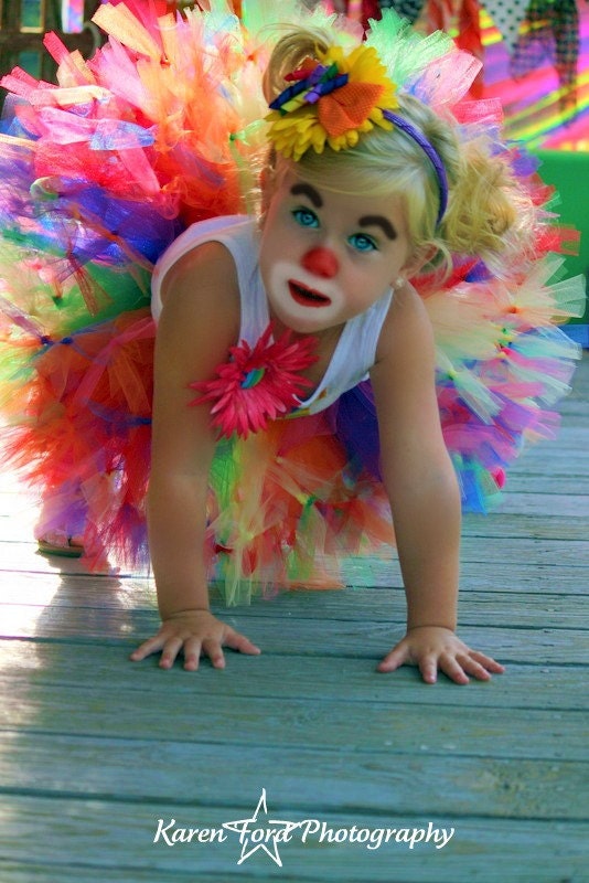 Clown Costume - Sewn petti tutu set - tutu, tie shirt , flower / bow headband, large flower pin, leg warmers