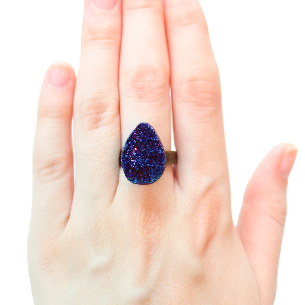 Blue Druzy Ring, Fashion Ring, Sparkly Cocktail Ring