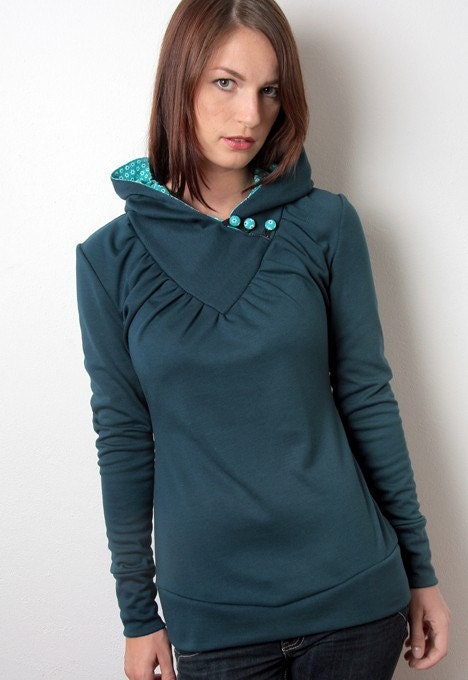 hoodie shirt - turquoise - flowers - buttons