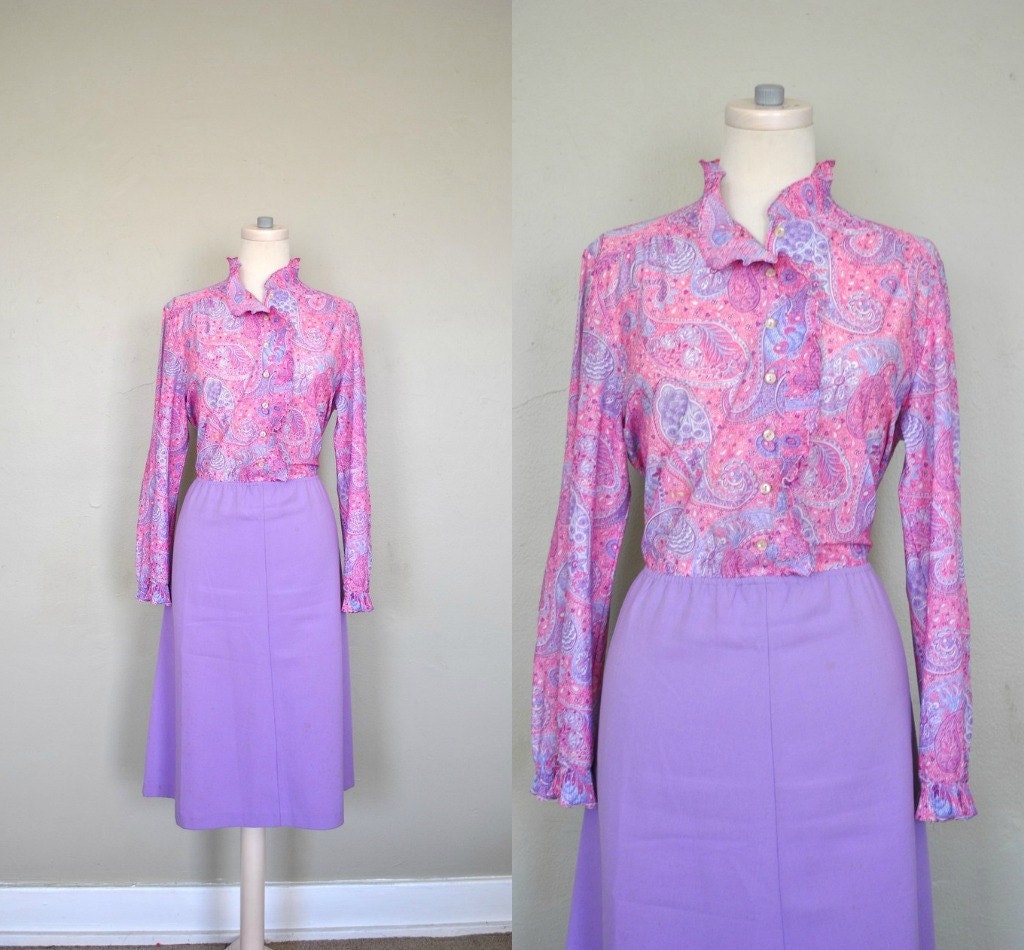 Vintage Pink Dress / Purple Pink Dress / Girly Dress / Vintage 1970s Paisley Dress / Pink and Purple Medley Vintage Dress
