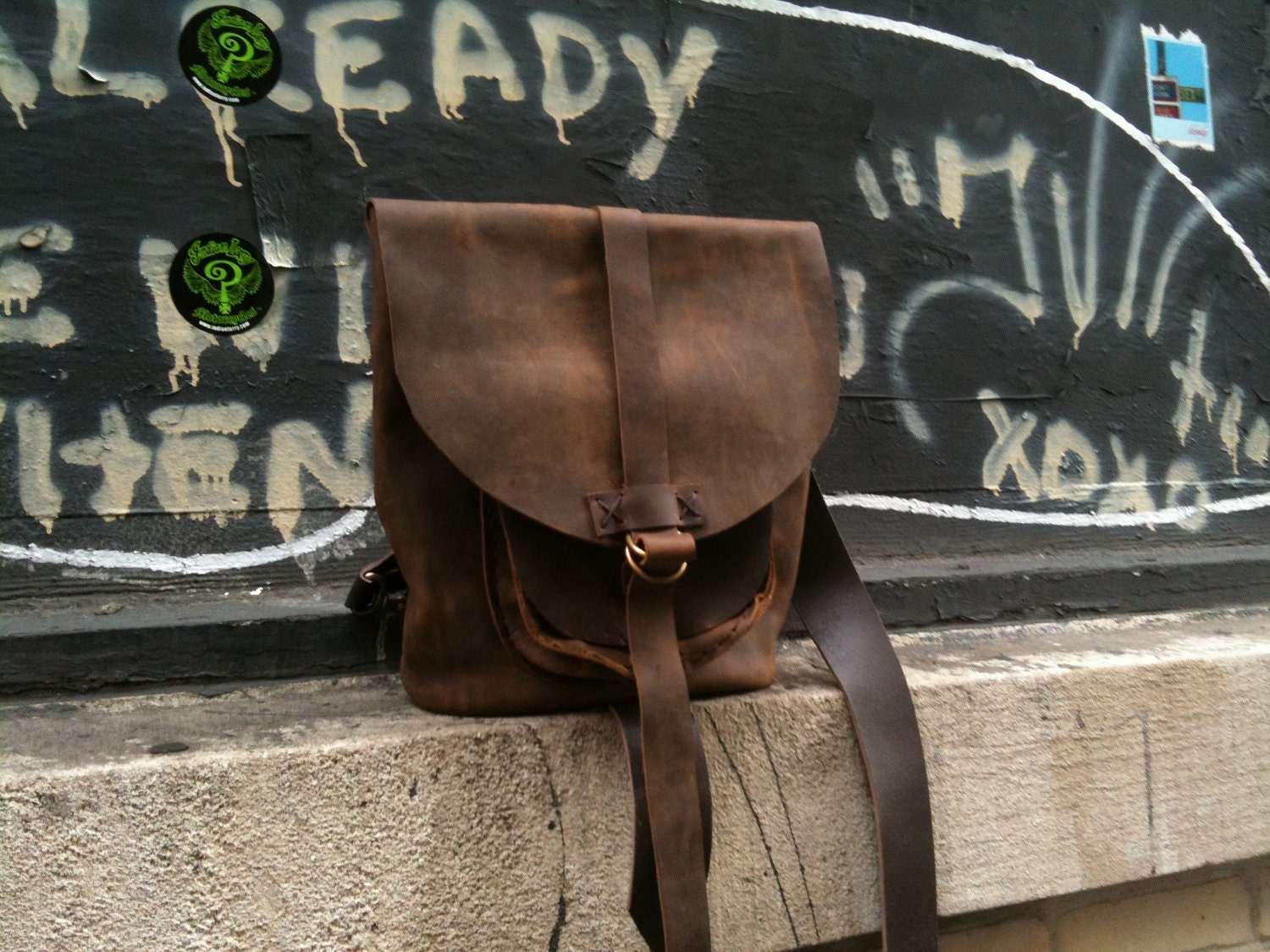 Vintaged leather rucksack - hand stitched leather bag
