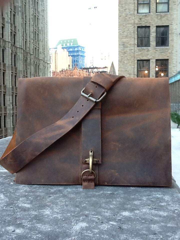 Hand sewn mens messenger - leather lap top bag - rugged rustic messenger men