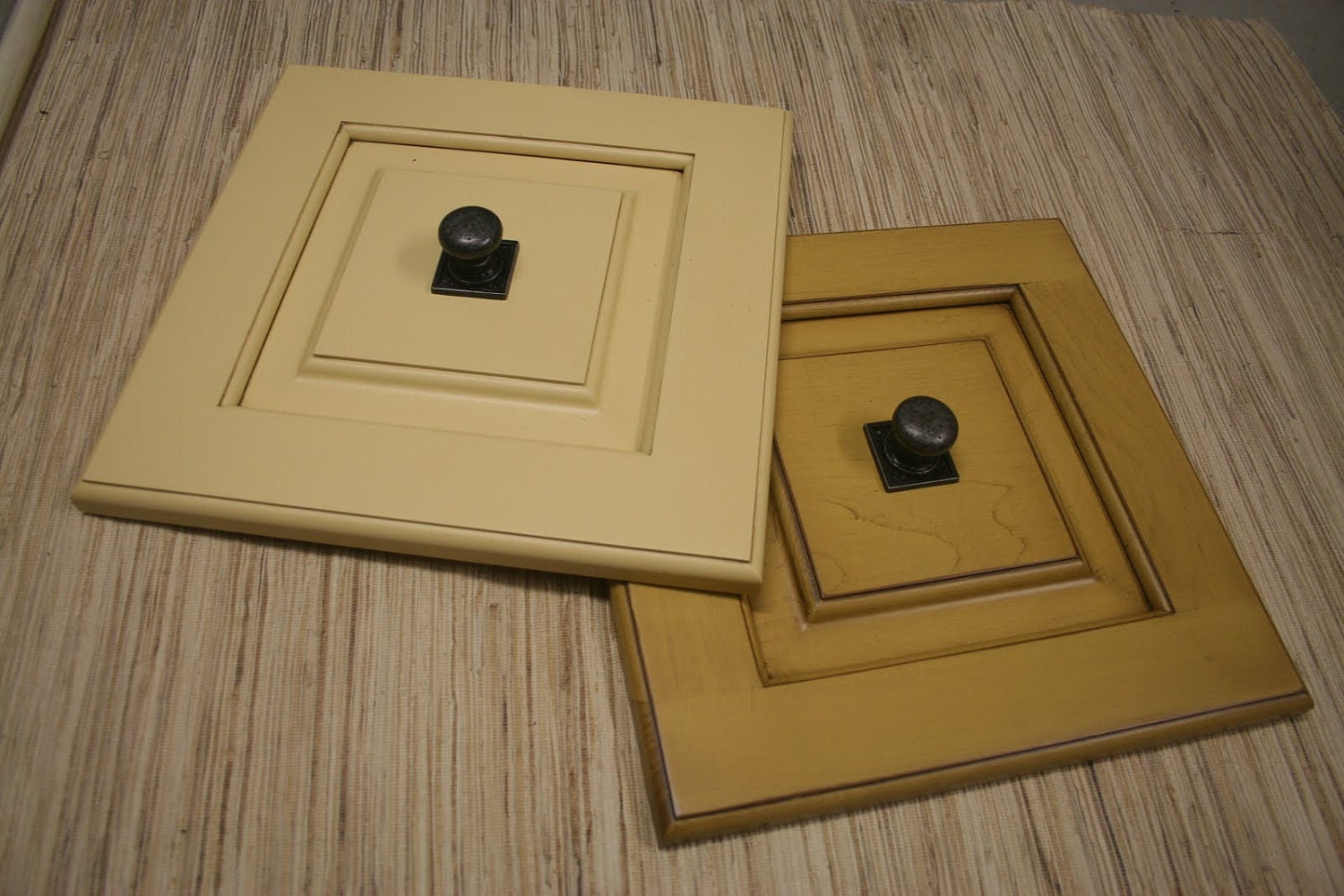Distressed Reclaimed Wood Cabinet Set - with reclaimed hardware knobs - wall decor - yellow