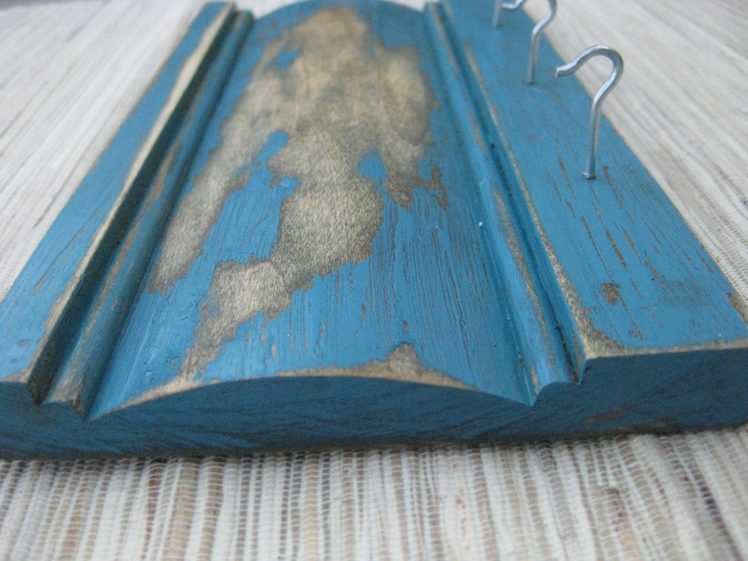 Distressed Wood Wall Hanger, Vintage Blue on Reclaimed Wood, Weathered Teal with hooks - team fest