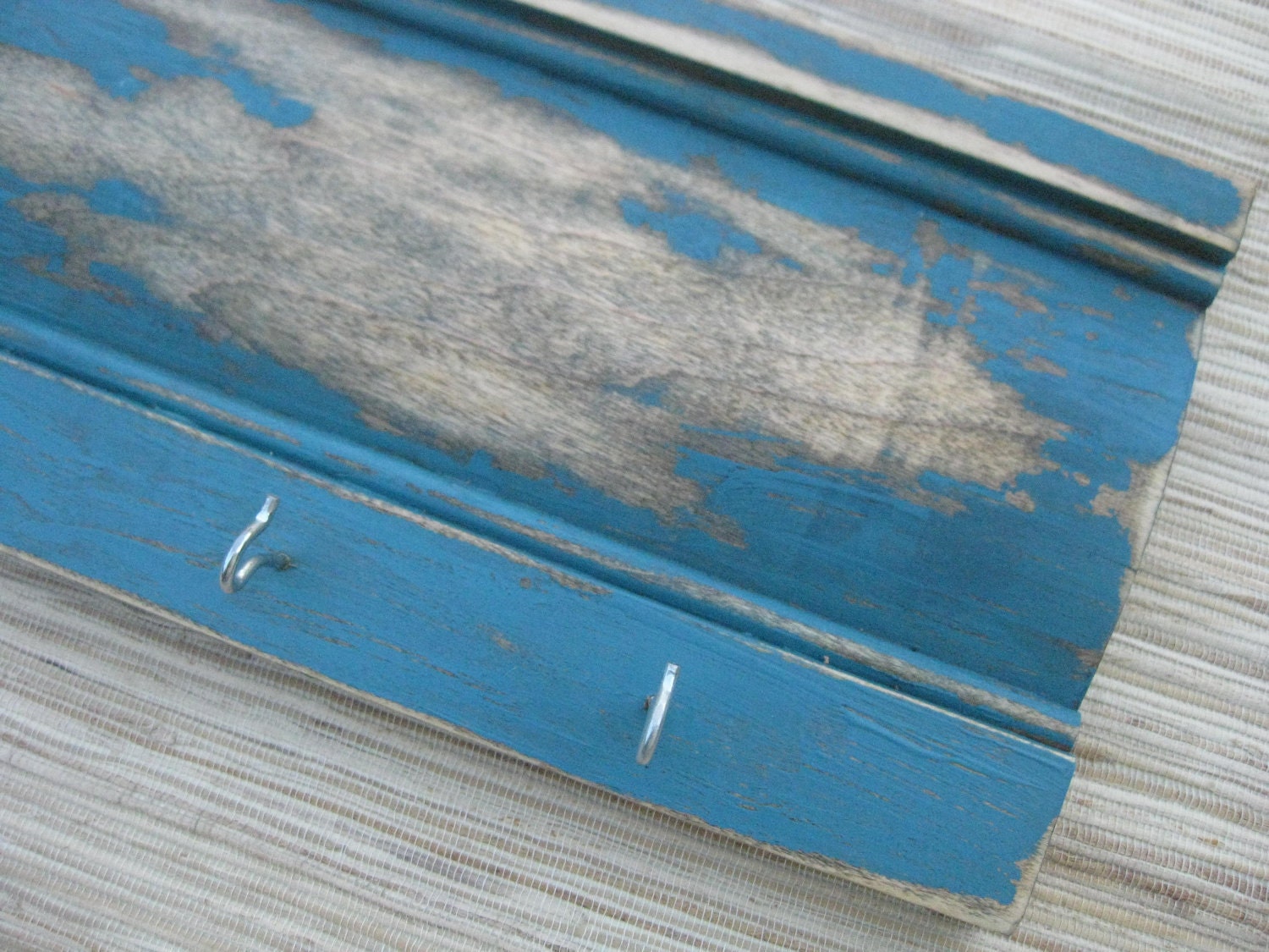 Distressed Wood Wall Hanger, Vintage Blue on Reclaimed Wood, Weathered Teal with hooks - team fest