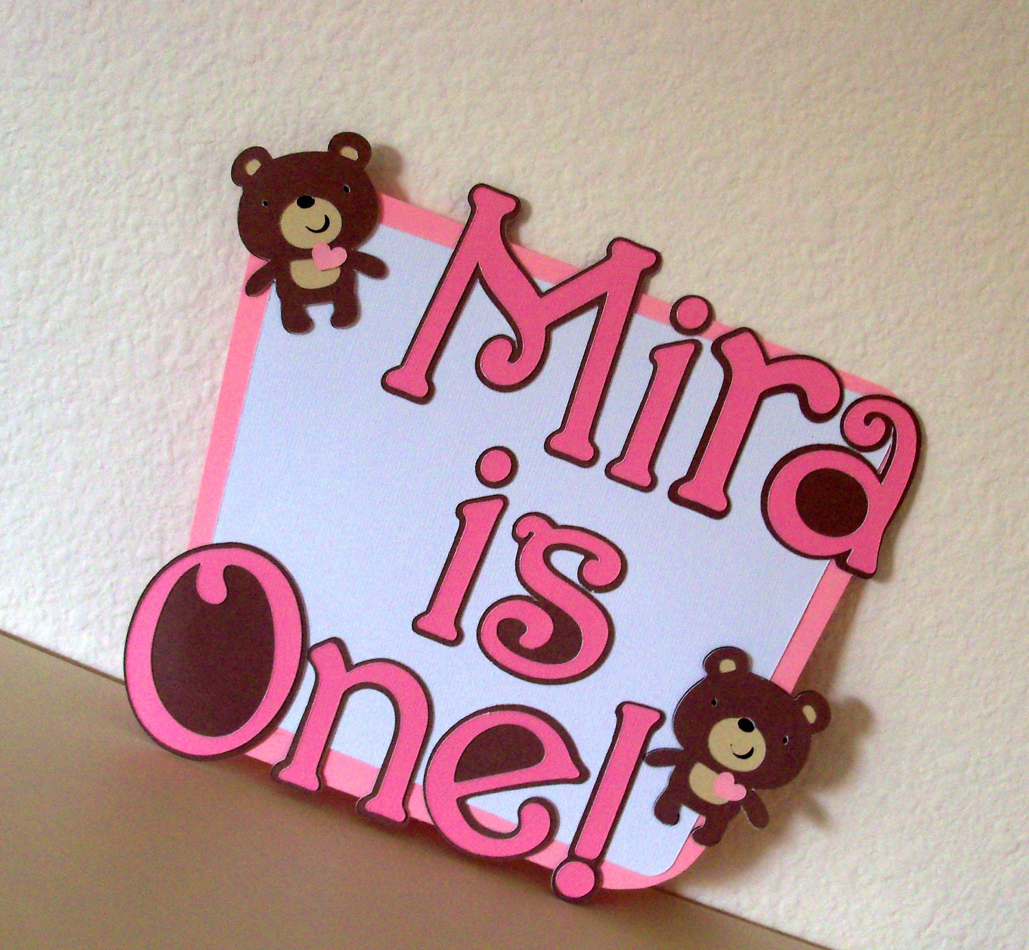 Teddy Bear Sign/Welcoming Door Sign STANDARD DESIGN - pink, pastel pink, brown, & white - Tayler the Teddy Bear