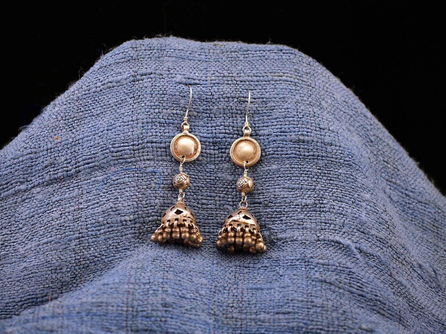 Antique Sterling Silver Indian Coin and Bell Earrings