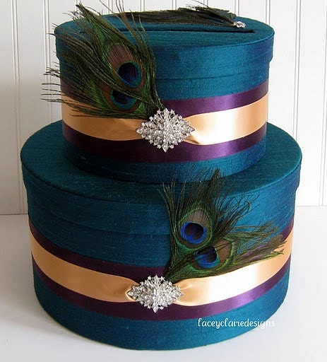 Wedding Card Box, Money Card Box Peacock Card Box Custom Made, peacock feathers & vintage style rhinestone brooches