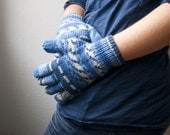 Hand knit wool blend gloves stripes in white and blue. Warm winter accessories.