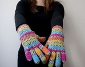 Hand knit gloves - parrot. Rainbow colors in green, yellow, pink, orange and turquoise.