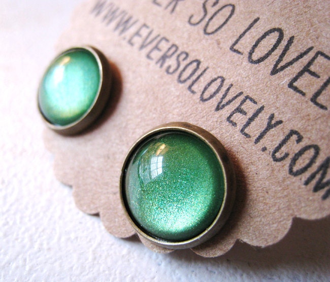 sparkly leprechaun - handmade st patricks day metallic irish mint green round glass post earrings