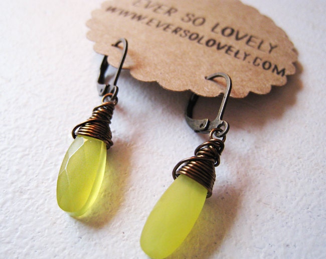 Faceted Tequila and Lime - Small Olive Green Jade and Brass Oval Drop earrings