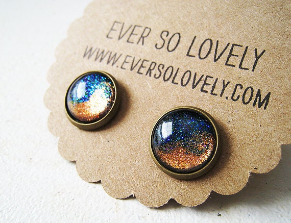 dark blue and copper tsunami sparkly metallic nickel free post earrings - summer nights and shooting stars
