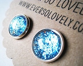 silver and teal blue sparkly metallic silver plated post earrings nickel free - summer nights and starry skies