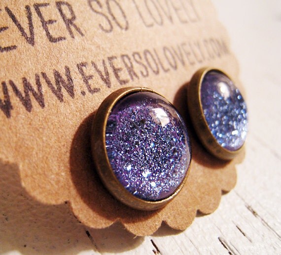 purple lavender summer night starry skies - handmade blue violet round earrings sparkly metallic nickel free post