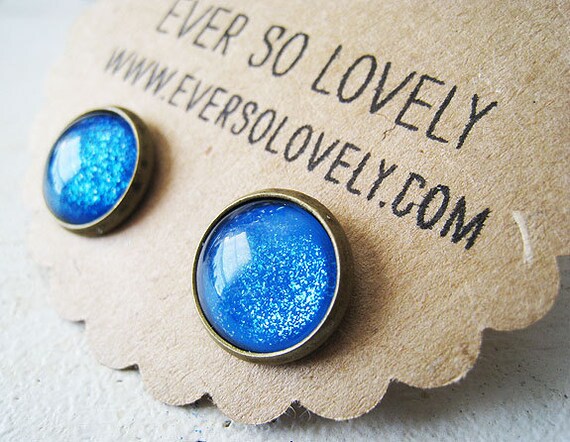 polar ice blue earrings - handmade arctic turquoise sparkly metallic nickel free round post earrings