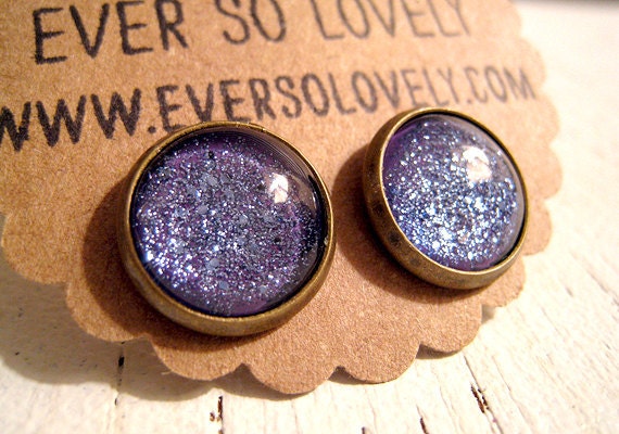 purple lavender summer night starry skies - handmade blue violet round earrings sparkly metallic nickel free post