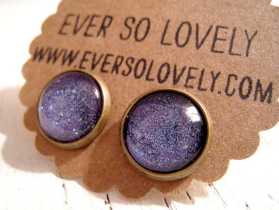 purple lavender summer night starry skies - handmade blue violet round earrings sparkly metallic nickel free post