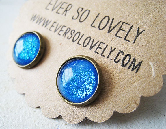 polar ice blue earrings - handmade arctic turquoise sparkly metallic nickel free round post earrings