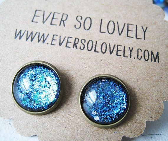 summer nights and starry skies - handmade teal blue sparkly metallic nickel free post earrings