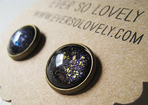 meteor shower - black and silver green and red starry night handmade sparkly metallic nickel free post earrings