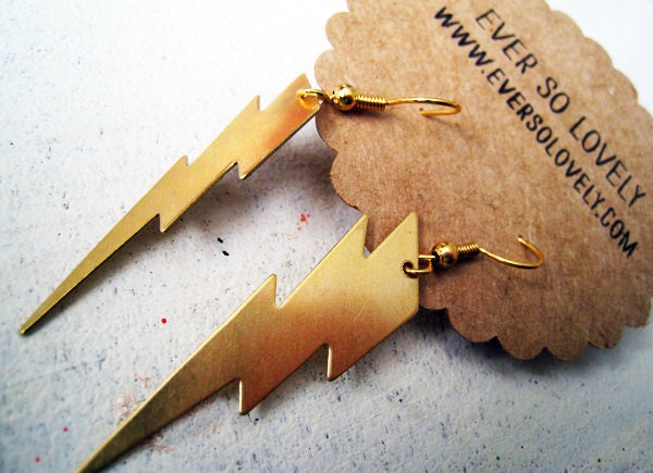 High Voltage Gold Earrings - Thunderbolt Lightning Long 14K Gold Dangle Earrings - Summer Storm Earrings