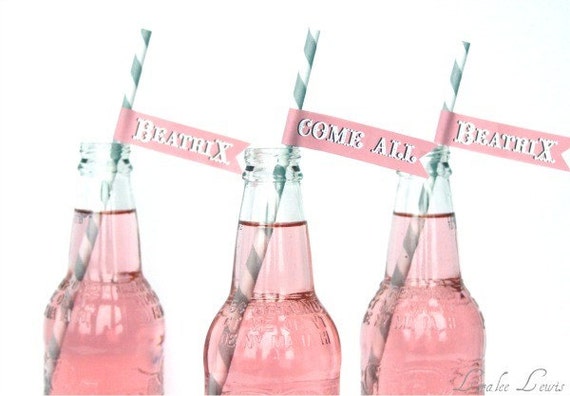 Drinking Straws With Custom Pennants . Come One Come All Collection (Pink) . by Loralee Lewis