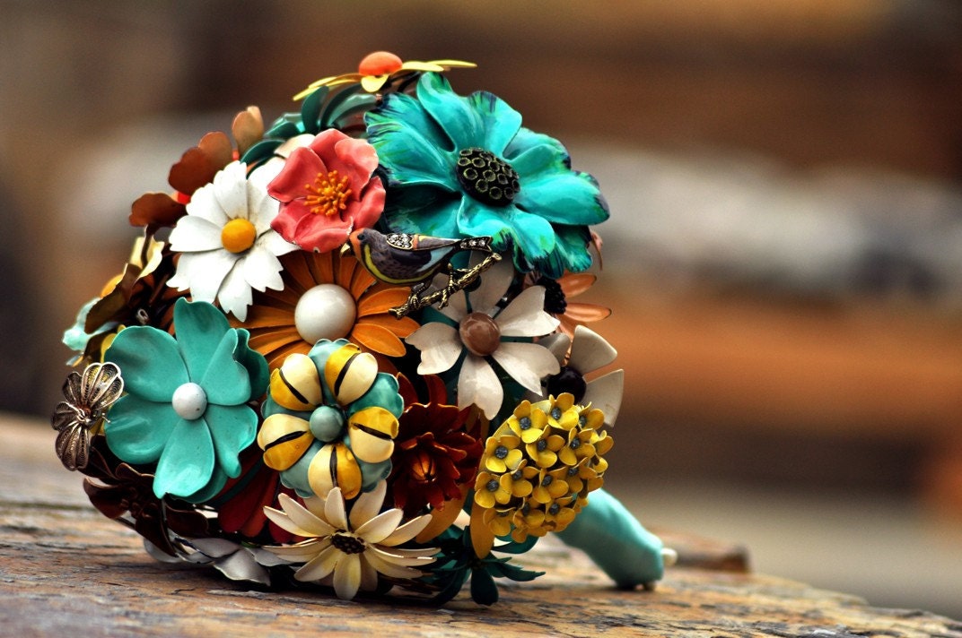 Wedding Brooch Bouquet - Soft Fall or Summer, teal, brown, yellow, orange, red, ivory, yellow, blue, silver, black with a butterfly