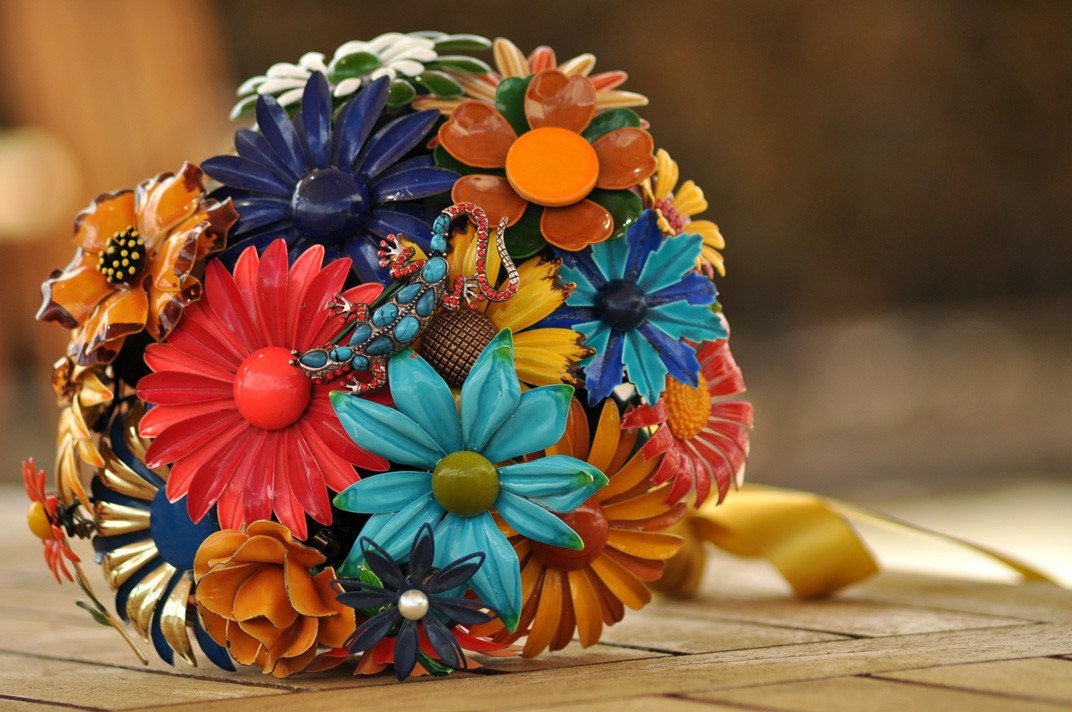Brooch Bouquet - Vintage Country style brooches, Orange, Green, Yellow, Blue, Brown with a Gecko, bridal bouquet, wedding bouquet