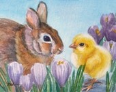 Animal Art Print Baby Chick Bunny Flowers Janet Zeh