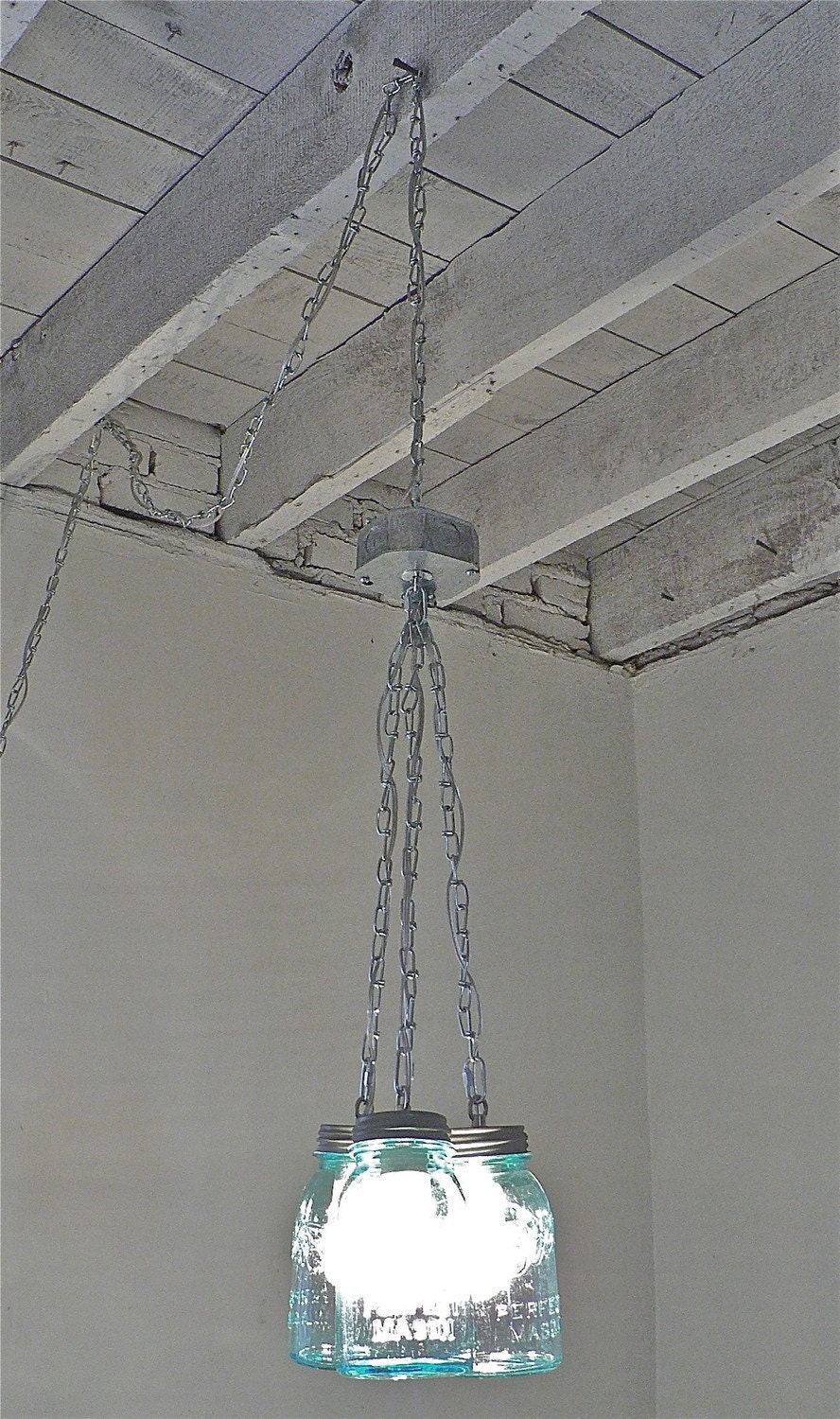 Handcrafted Blue Green Vintage Mason Three Jar Pendant Light