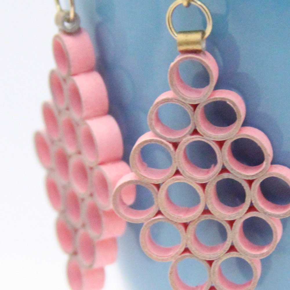 50% OFF Big Earrings Pink Honeycomb Handmade by Paper Quilling CLEARANCE Eco Friendly Jewelry Artisan Jewelry