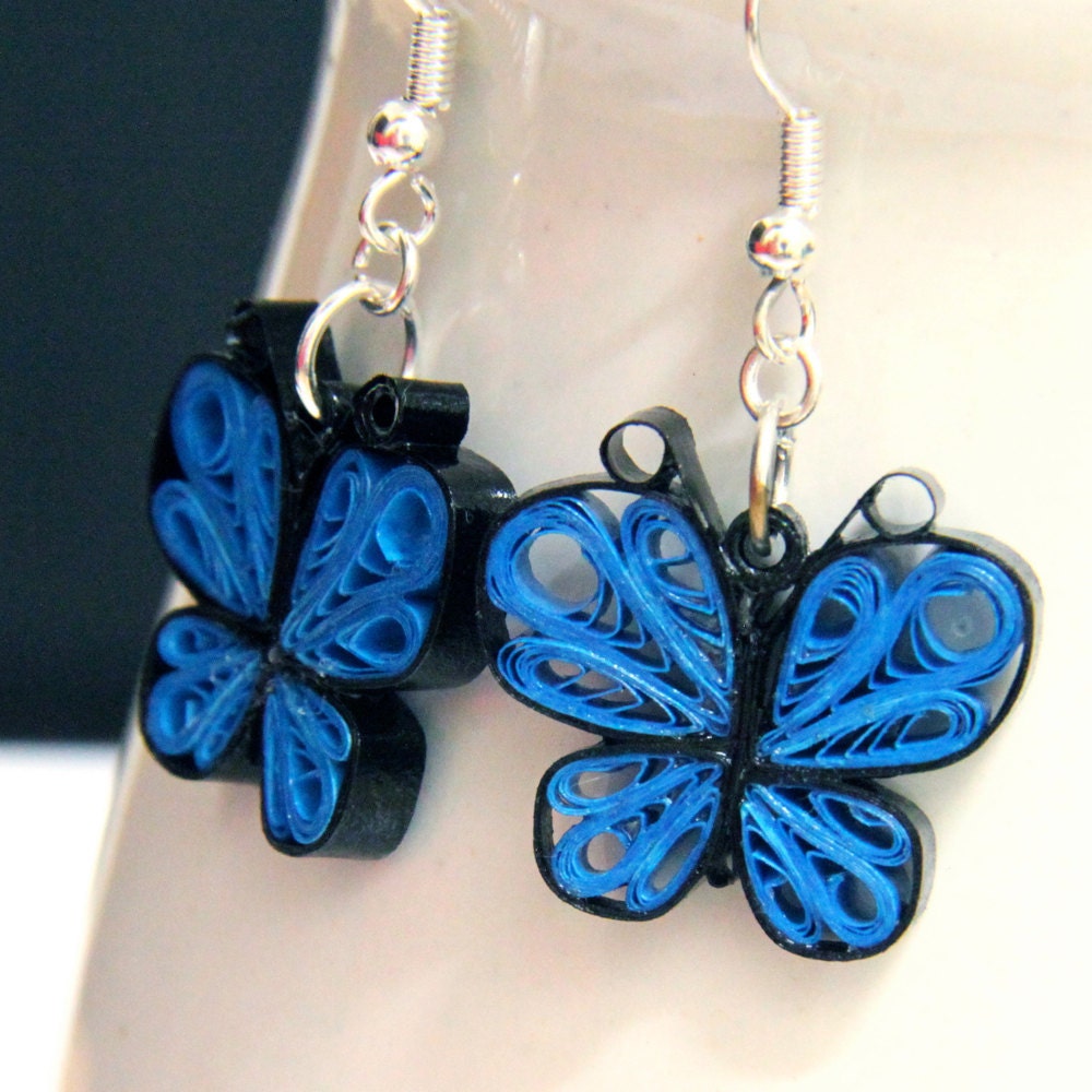 Eco Friendly Earrings Little Blue Butterflies Earrings Handmade by Paper Quilling Artisan Jewelry