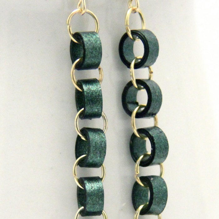 Green Chain Earrings Metallic Emerald Handmade by Paper Quilling Eco Friendly Jewelry, Artisan Jewelry