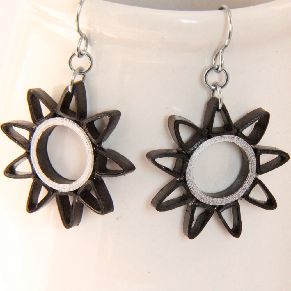 Brown and Silver Nine Pointed Star Paper Quilled Earrings with Niobium Earring Hooks Eco Friendly Earrings / Artisan Jewelry