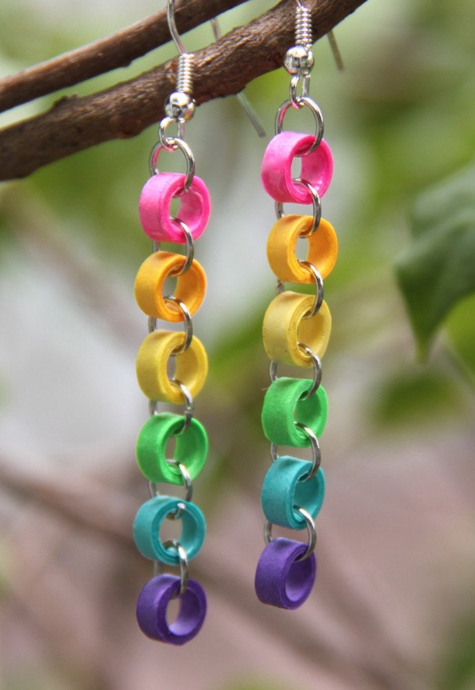 Neon Rainbow Chain Earrings - Paper Quilled Eco Friendly Jewelry, Artisan Jewelry