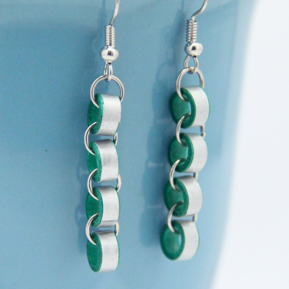 Eco Friendly Earrings Green and Silver Chain handmade by Paper Quilling Christmas Earrings Artisan Jewelry