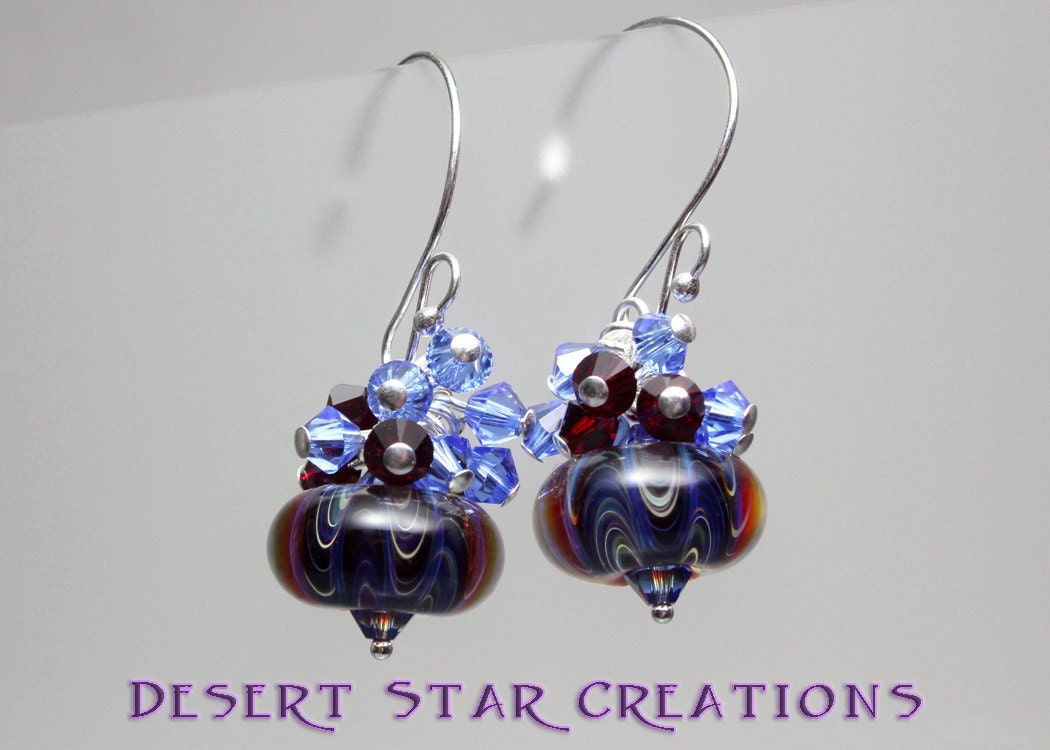 Crystal Cluster Lampwork Earrings Red and Blue Boro Beads with Swarovski Bicones