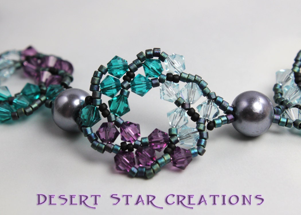 Beaded Chain Necklace Purple Teal Blue Stitched Swirls with Blue Chain