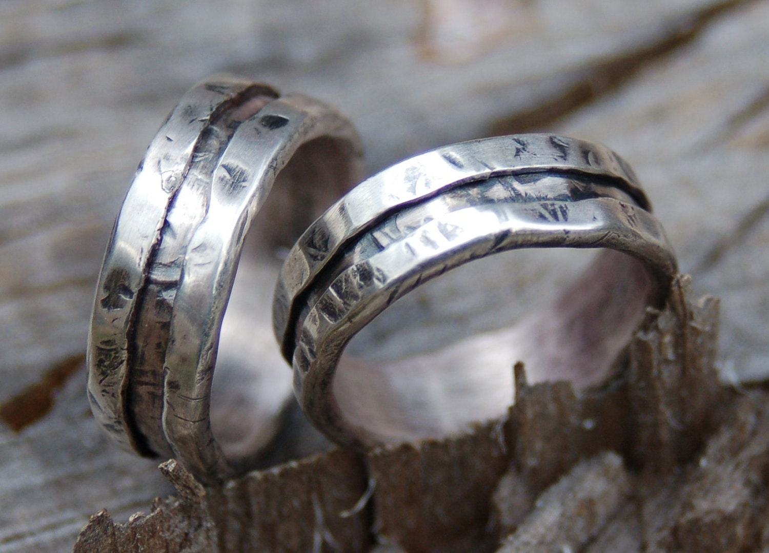 rustic silver wedding rings -  handmade artisan designed oxidized fine silver and sterling wedding or engagement band set - customized