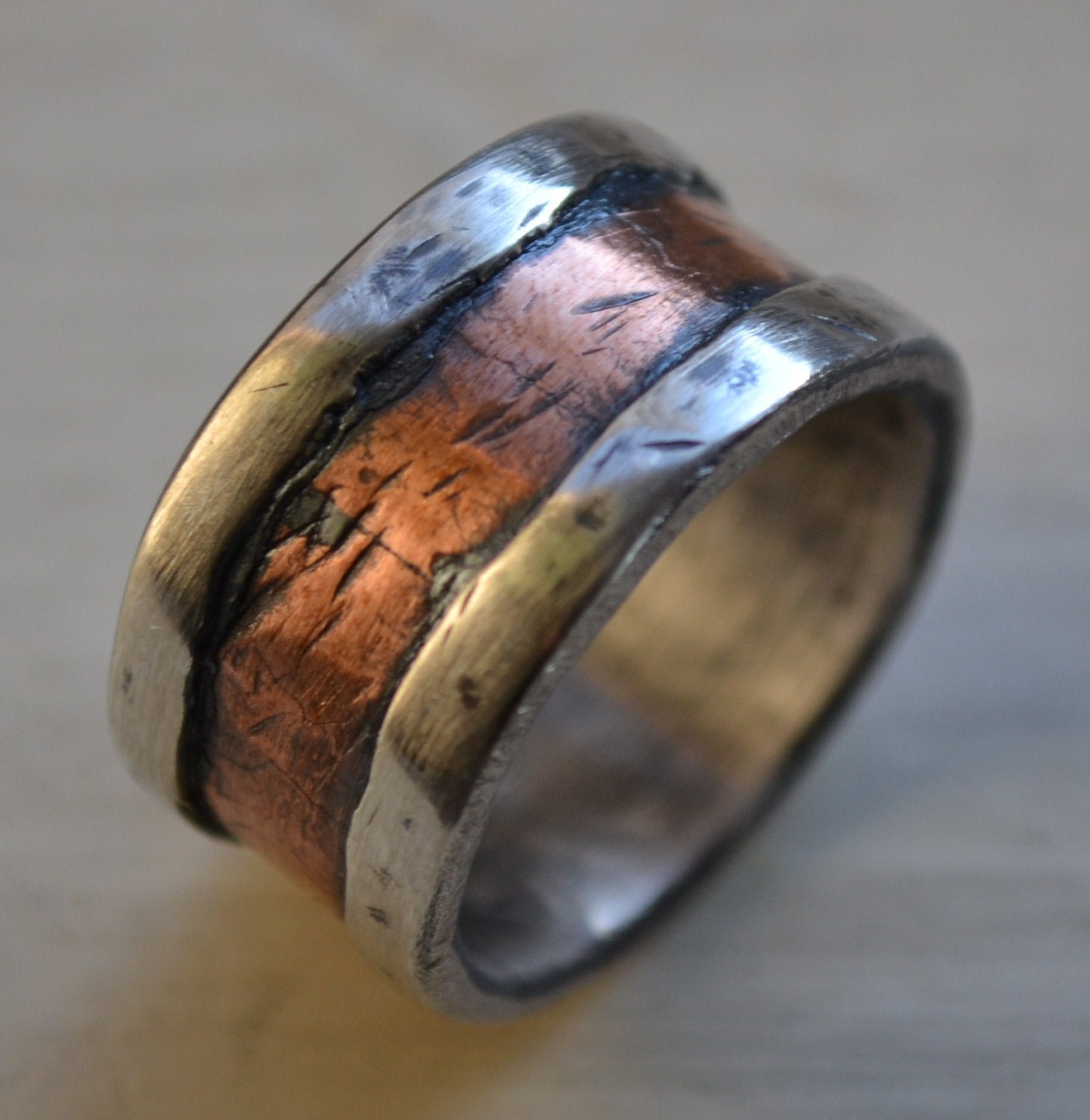 mens wedding band - rustic fine silver and copper - handmade hammered artisan designed wide band ring - manly ring - customized