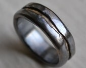 mens wedding band - rustic fine silver and brass ring - handmade oxidized artisan designed wedding or engagement band - customized