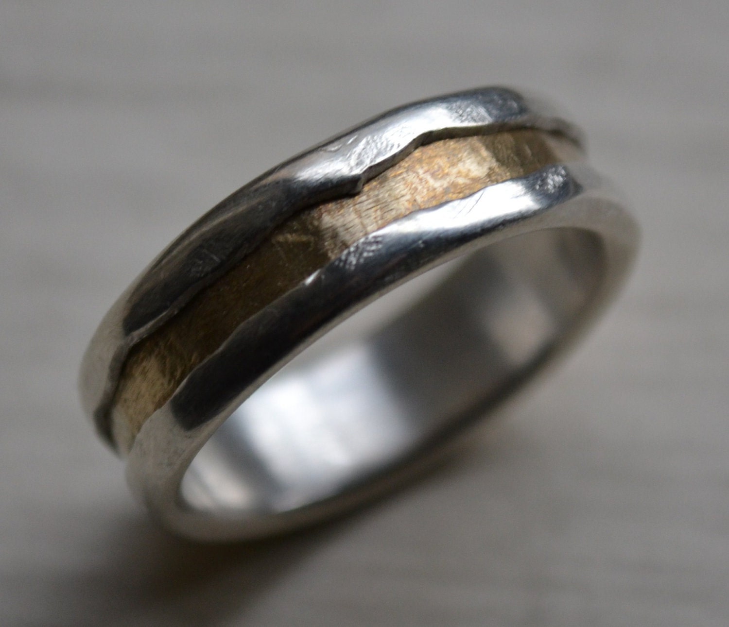 rustic fine silver and brass ring - handmade texturized and hammered artisan designed wedding or engagement band - customized